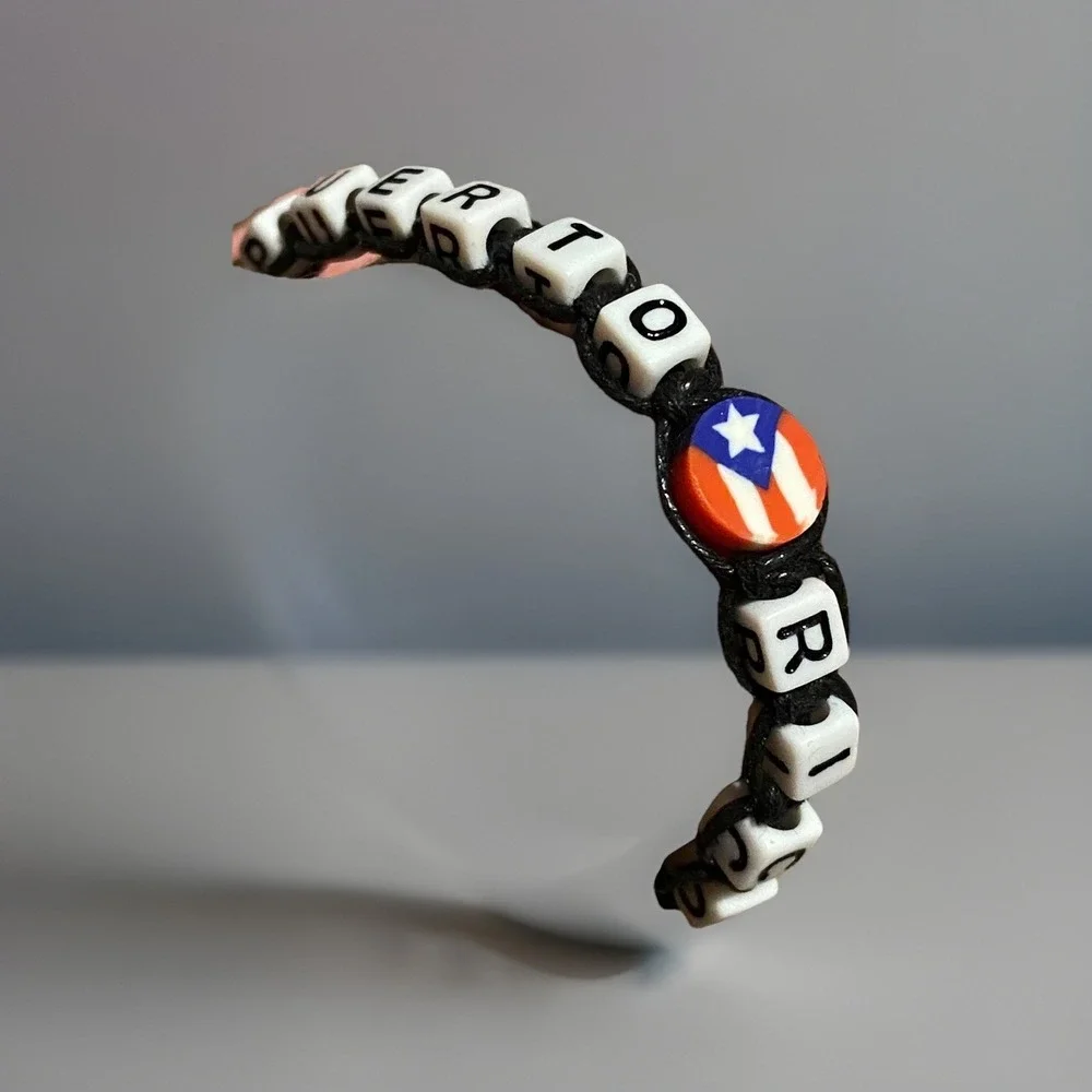 Puerto Rico Letters Unisex Macrame Bracelet Flag Beads Red Blue Black Adjustable
